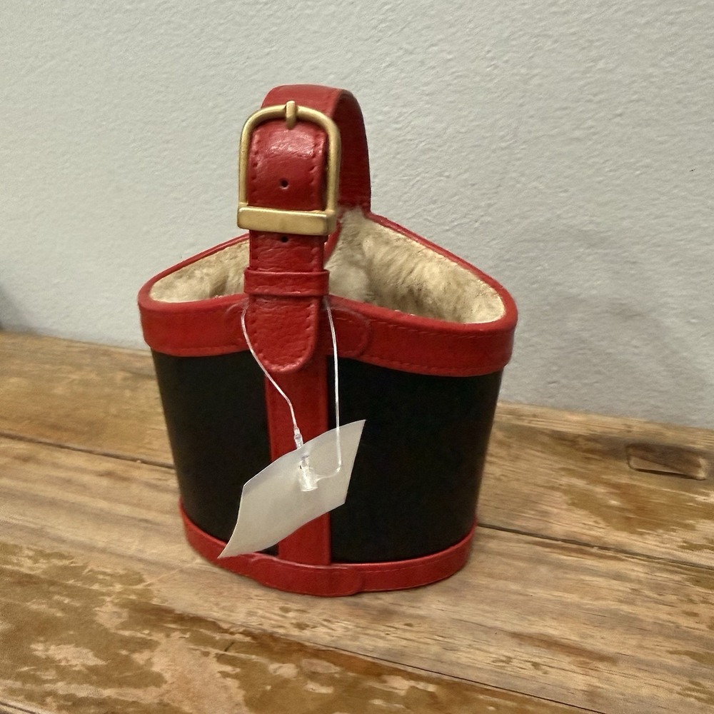 MINI Wine Bottle Carrier OS Red Excellent Vintage Leather Faux Fur Bucket Bag